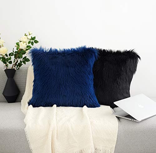 Mongolian Plush Faux Fur Decorative Pillow Cover Set for Living Room - Dark Blue 20x20 Inch