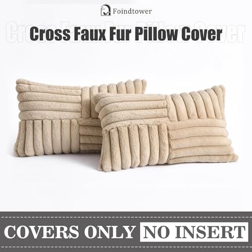 Foindtower Pack of 2 Light Khaki Faux Fur Cushion Covers 12x20 Inch