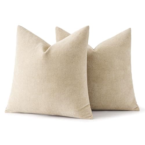 2 Pack Soft Chenille Throw Pillow Covers for Living Room 18x18 Inch, Beige