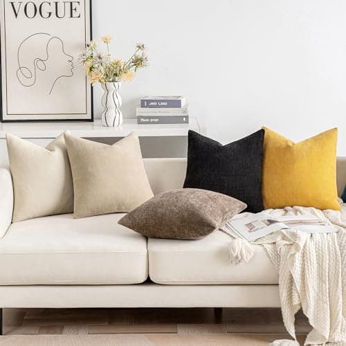 2 Pack Soft Chenille Throw Pillow Covers for Living Room 18x18 Inch, Beige