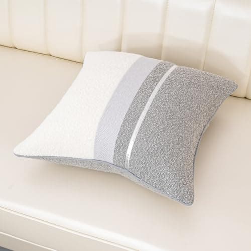 Patchwork Textured Boucle Throw Pillow Cover 18x18 Inch, Cozy Soft Gray Decor for Chair Sofa Bedroom