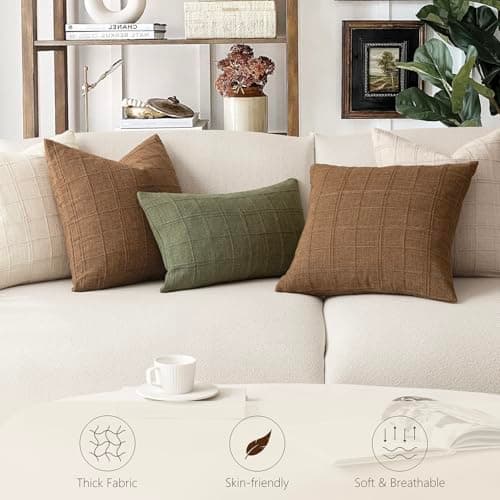 Neutral Farmhouse Check Throw Pillow Covers for Home Decor, Set of 2 - 20x20 Inch