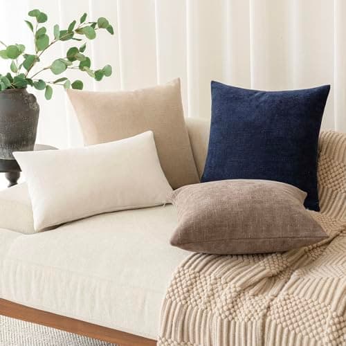 2 Pack Soft Chenille Throw Pillow Covers with Zipper 22x22 Inch, Solid Taupe Color