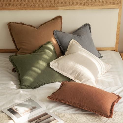 MIULEE Set of 2 18x18 Inch Beige Linen Throw Pillow Covers with Fringe – Farmhouse Boho Style for Living Room