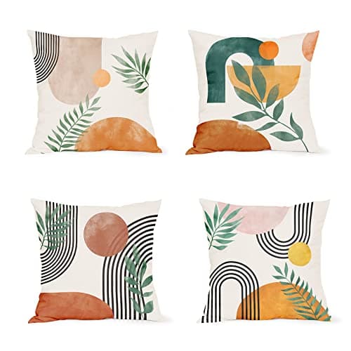 Boho Green Geometric Gold Leaf Pillow Covers Set of 4