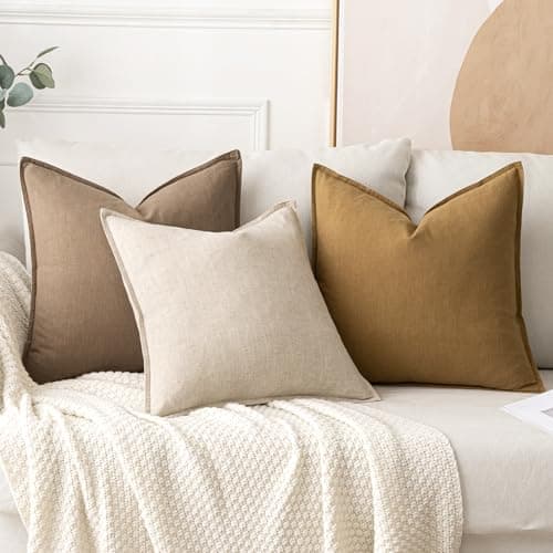 Natural Beige Linen 18x18 Inch Pillow Covers for Farmhouse Decor - Set of 2