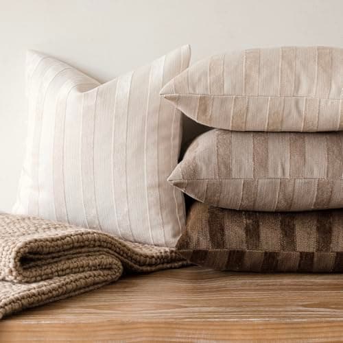 Foindtower Set of 2 Striped Chenille Throw Pillow Covers - 20x20 Inch Luxury Cushion Covers for Home Decor in Khaki Tan