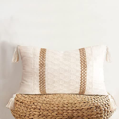 Farmhouse Throw Pillow Cover with Tassels - Boho Neutral Accent for Couch Sofa