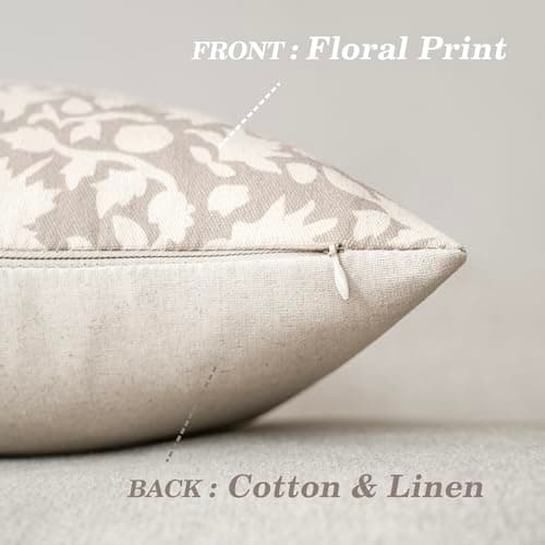 Neutral Floral Throw Pillow Covers Set of 2 for Farmhouse Decor - 20x20 Inch, Ivory Beige
