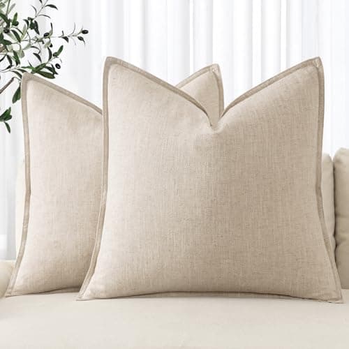 Natural Beige Linen 18x18 Inch Pillow Covers for Farmhouse Decor - Set of 2