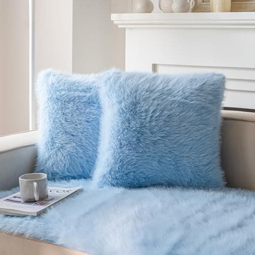 Blue Faux Fur Decorative Throw Pillow Covers for Sofa - Set of 2