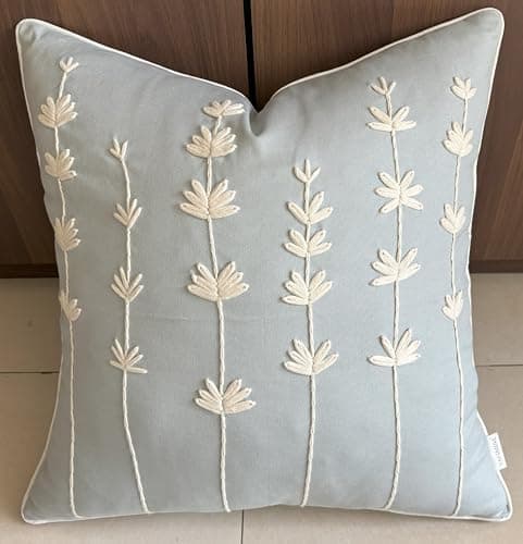 VAGMINE Hand Embroidered Daisy Accent Pillow Cover - 18x18 Inches - 100% Linen Decor - Boho Floral Couch Cushion