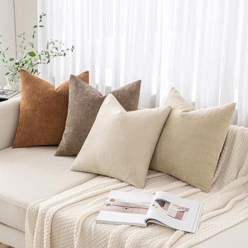 2 Pack Soft Chenille Throw Pillow Covers for Living Room 18x18 Inch, Beige
