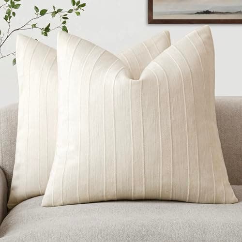Foindtower Striped Chenille Throw Pillow Covers, Cream White, 20x20 Inch