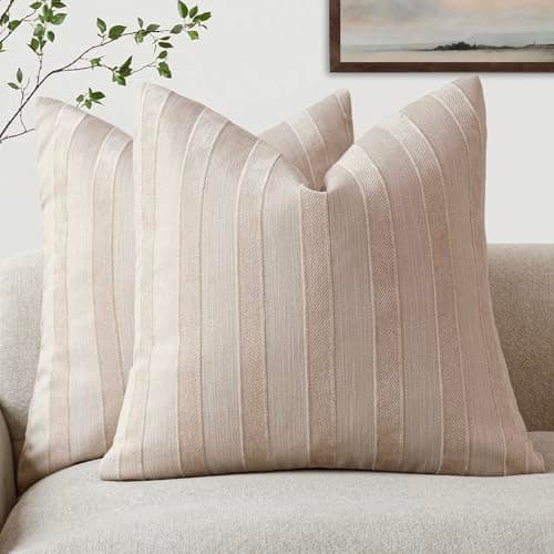 Foindtower Striped Chenille Throw Pillow Covers, Cream White, 20x20 Inch