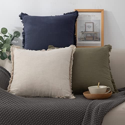 Soft Cozy Boho Linen Fringed Throw Pillow Cover, Beige 18x18 Inches