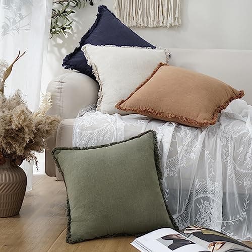 Linen Fringe Throw Pillow Cover with Tassel - Olive Green, 18×18 Inch