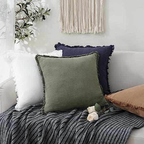 Linen Fringe Throw Pillow Cover with Tassel - Olive Green, 18×18 Inch