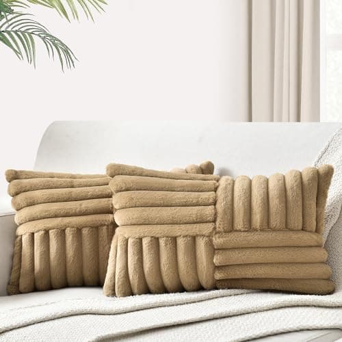 Faux Fur Striped Pillow Covers Set of 2 for Home Decor 12x20 Inch Khaki