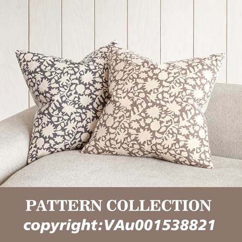 Set of 2 Neutral Floral Throw Pillow Covers for Farmhouse Decor, 18x18 Inch