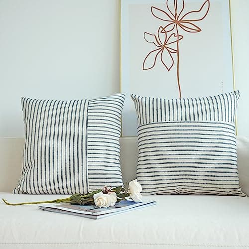 Navy Blue and Beige Patchwork Farmhouse Pillow Covers 16x16 Inch, Pack of 2