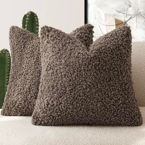 Set of 2 Curly Teddy Wool Pillow Covers for Sofa Bedroom Car - 12x20 Khaki