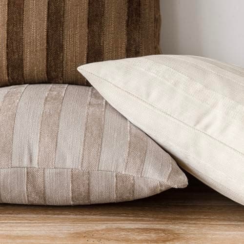 Foindtower Set of 2 Striped Chenille Throw Pillow Covers - 20x20 Inch Luxury Cushion Covers for Home Decor in Khaki Tan