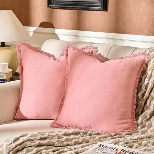 AmHoo 2-Pack Linen Pillow Covers with Tassels for Couch & Bedroom