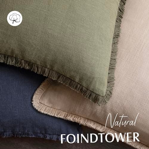 Foindtower Set of 2 Boho Decorative Linen Pillow Covers with Tassels - 18x18 Inch Tan Beige for Couch, Chair, and Sofa Decor