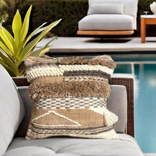 Trendy Boho-Chic 18x18 Handwoven Cotton/Wool Throw Pillow Cover, Neutral Farmhouse Decor