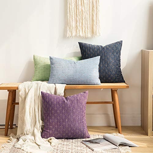 Modern Farmhouse Burlap Linen Pillow Covers for Sofa Couch Bed - Set of 2 Blue - 18x18 Inch