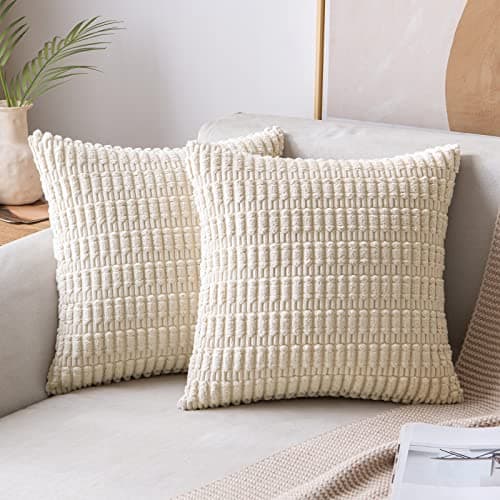 2 Pack Corduroy Throw Pillow Covers 18x18 Inch Boho Striped Farmhouse Christmas Decor - Cream White