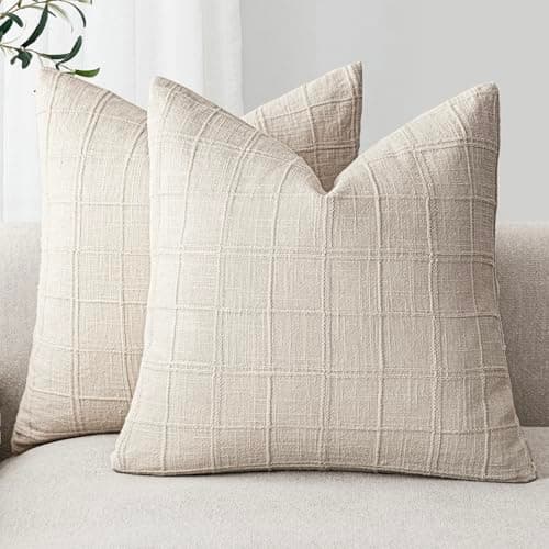 Neutral Farmhouse Check Throw Pillow Covers for Home Decor, Set of 2 - 20x20 Inch