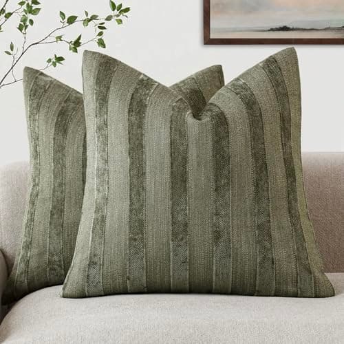 Foindtower Striped Chenille Throw Pillow Covers, Cream White, 20x20 Inch