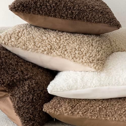 Faux Fur Throw Pillow Cover Set - Cozy Sherpa Accent Pillowcases for Bed, Couch - 18x18 Inch, Chocolate