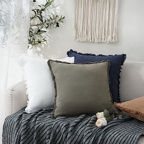 Boho Farmhouse Fringe Throw Pillow Cover, 26×26 Inch, Cream White - Living Room Decor