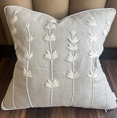 VAGMINE Hand Embroidered Daisy Accent Pillow Cover - 18x18 Inches - 100% Linen Decor - Boho Floral Couch Cushion