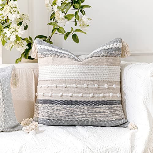 Gray Boho 20x20 Throw Pillow Cover - Woven Decorative Accent for Couch and Bed (Single Pack)