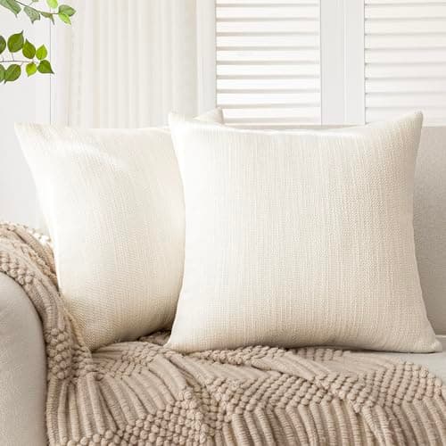 Textured Burlap Linen Throw Pillow Covers for Farmhouse Decor - Set of 2, Cream White, 24x24 Inch