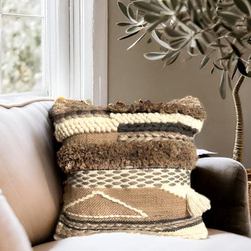 Trendy Boho-Chic 18x18 Handwoven Cotton/Wool Throw Pillow Cover, Neutral Farmhouse Decor