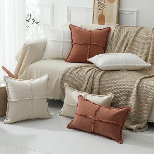 Hckot Boho Farmhouse Throw Pillow Covers, Fringed Tassels, Cozy White Home Decor