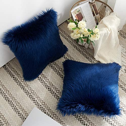 Mongolian Plush Faux Fur Decorative Pillow Cover Set for Living Room - Dark Blue 20x20 Inch