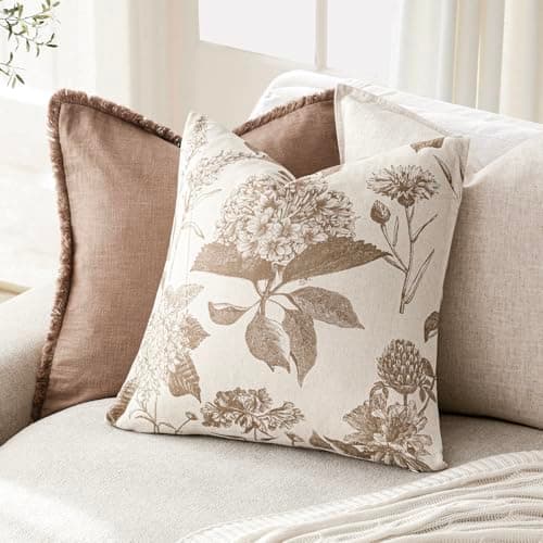 Vintage Floral Linen Throw Pillow Covers Set of 2 for Farmhouse Home Decor, 22x22 Inch