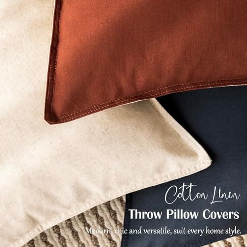Set of 2 Rust Red Decorative Cotton Linen Pillow Covers, 22×22 Inch - Modern Farmhouse Accent for Couch, Sofa, and Bed