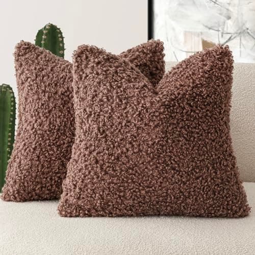 Set of 2 Curly Teddy Wool Pillow Covers for Sofa Bedroom Car - 12x20 Khaki