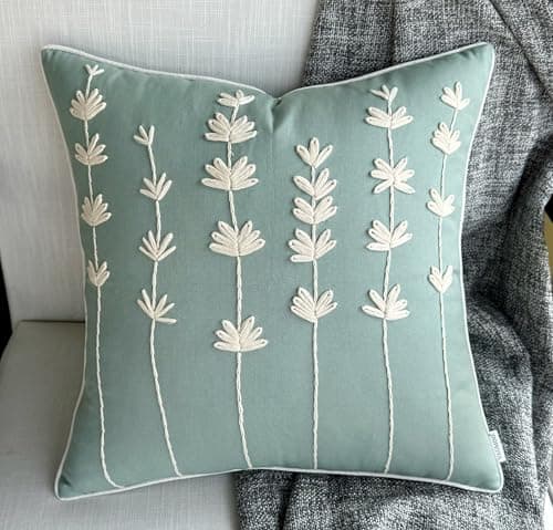 VAGMINE Hand Embroidered Daisy Accent Pillow Cover - 18x18 Inches - 100% Linen Decor - Boho Floral Couch Cushion
