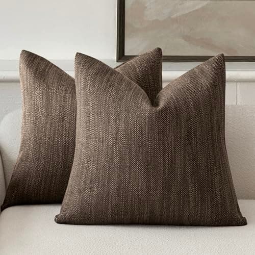 Farmhouse Burlap Linen Throw Pillow Covers, Set of 2 - 18x18 Inch, Chocolate