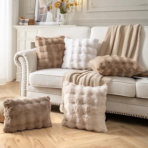 2 Pack Fluffy Faux Fur Throw Pillow Covers for Sofa Couch White