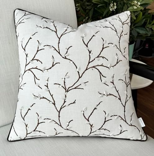 VAGMINE Hand Embroidered Daisy Accent Pillow Cover - 18x18 Inches - 100% Linen Decor - Boho Floral Couch Cushion