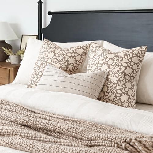 Neutral Floral Farmhouse Throw Pillow Covers - Set of 2 for Couch Sofa Bedroom Outdoor - 18x18 Inch